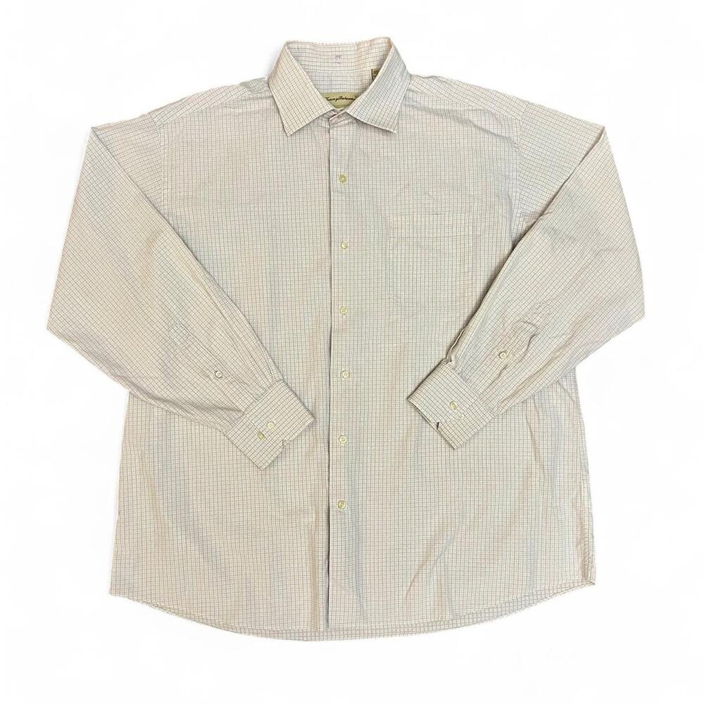 Tommy Bahama beige and cream plaid long sleeve button up dress shirt Sz XXL
